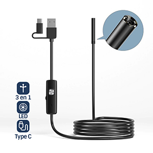 Endoscope Mini Caméra 3 En 1, 7mm Micro USB Type-C 6 LED Étanche, Compatible Smartphone Tablette Android Et PC